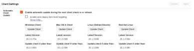 Automatic Client Update section showing the enable auto updates settings, filtering setting, the buttons for different OS client updates, and the fields showing the latest version and update client if older than version. 